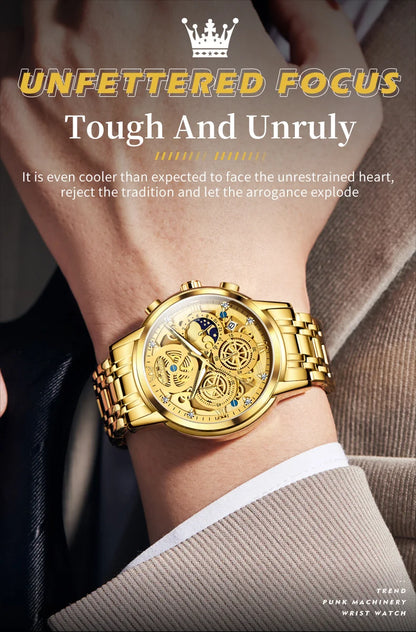 OLEVS 9947 Men's Watch - Luxury, Waterproof, Gold Skeleton, 24 Hour Day Night, Quartz