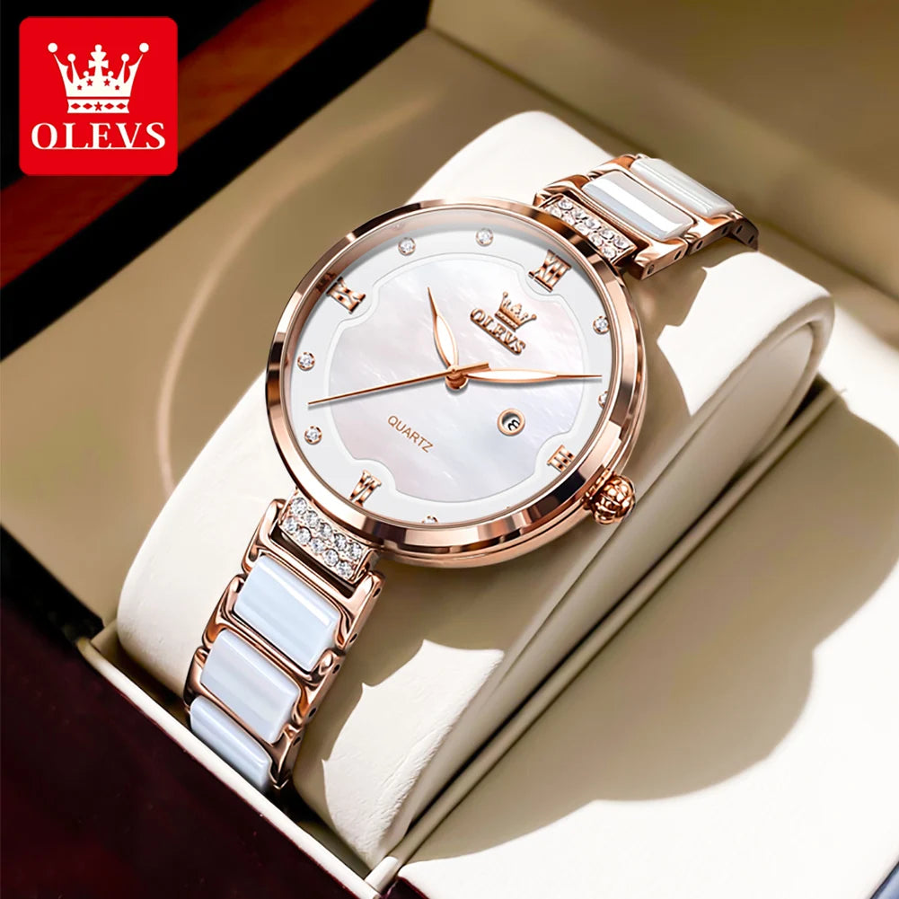 OLEVS 5589 Luxury Diamond Women's Watch - Ceramic Band, Roman Numeral, 3ATM, Bracelet Set