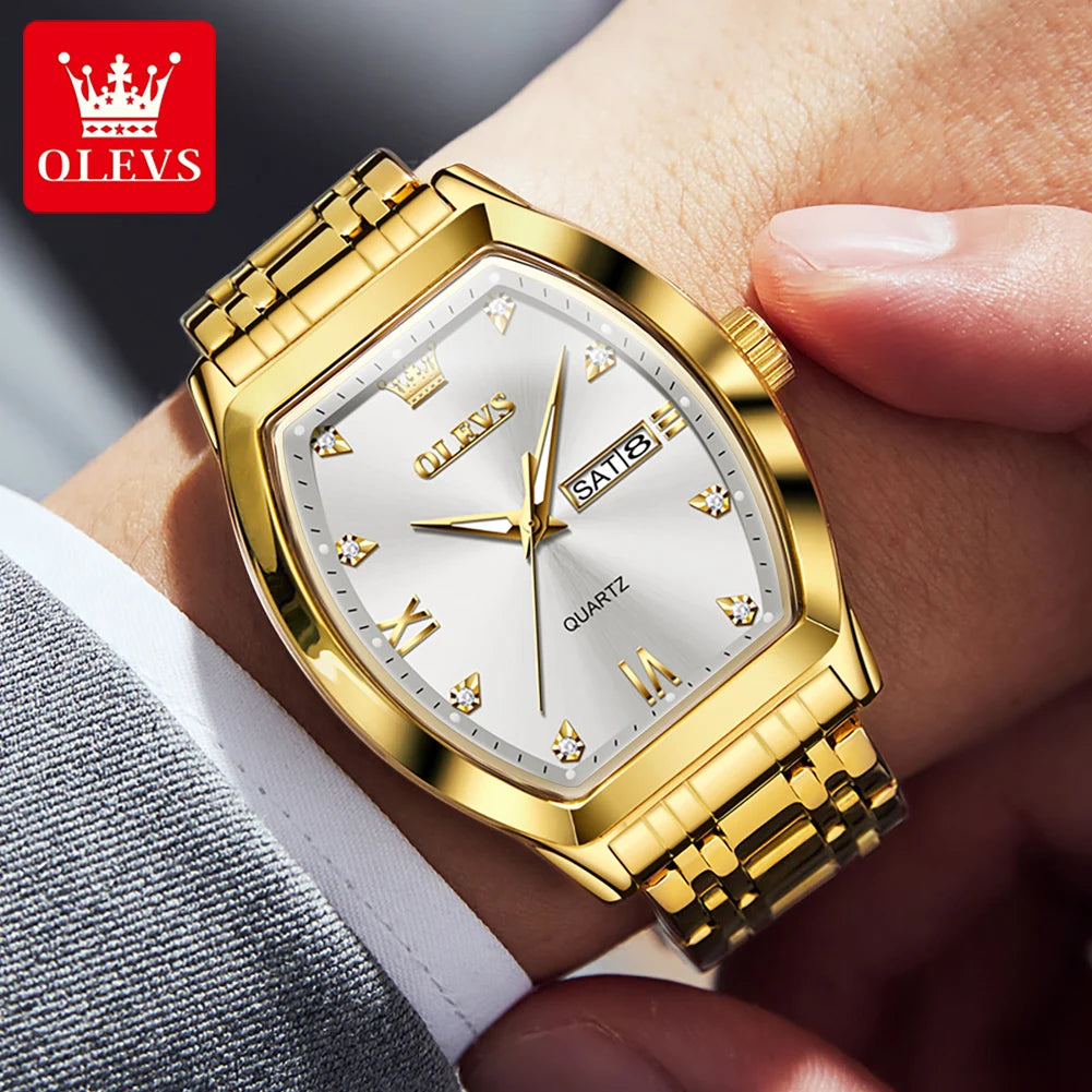 OLEVS 5528 Men's Watch - Luxury Gold, Tonneau Dial, Waterproof, Luminous, Business