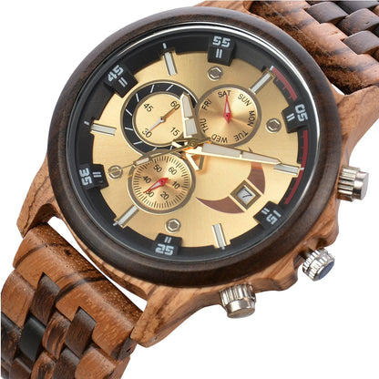 Rainch Men’s Wooden Quartz Watch with Dual Time Zones and Calendar