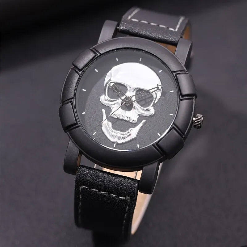 DEYROS 3pcs Men's Skull Quartz Watch Set - Watch, Necklace & Bracelet, Stainless Steel, Hardlex