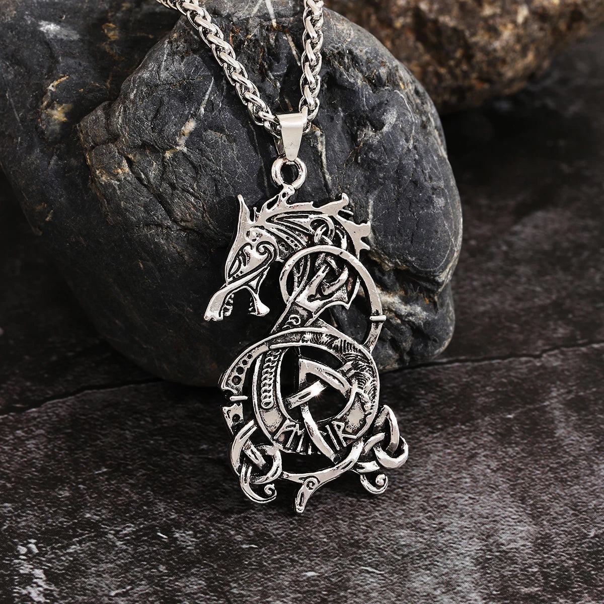 Viking Celtic Knot Dragon Pendant Necklace – Punk Style, Zinc Alloy & Stainless Steel