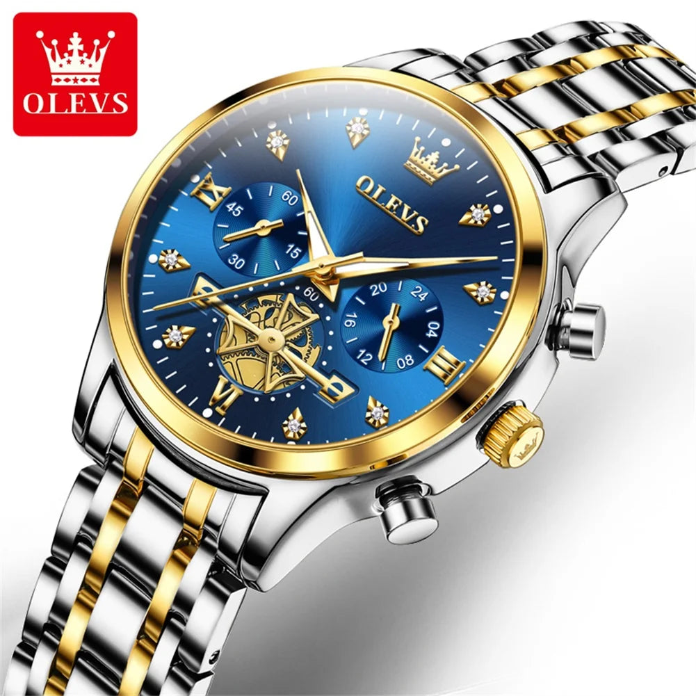 OLEVS 2859+2897 Couple Watch - Stainless Steel, Waterproof, Chronograph, Moon Phase, Flywheel