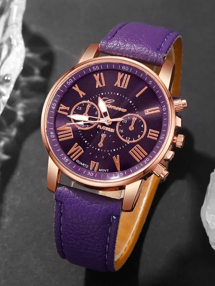 Women's Quartz Watch & Bracelet Set – Roman Numeral, Leather Band