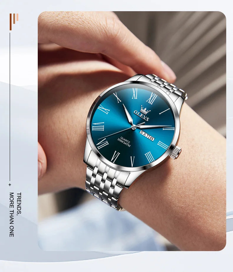 OLEVS 3633 Men's Watch - Business Simple, Waterproof, Luminous, Stainless Steel, Dual Calendar