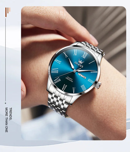 OLEVS 3633 Men's Watch - Business Simple, Waterproof, Luminous, Stainless Steel, Dual Calendar