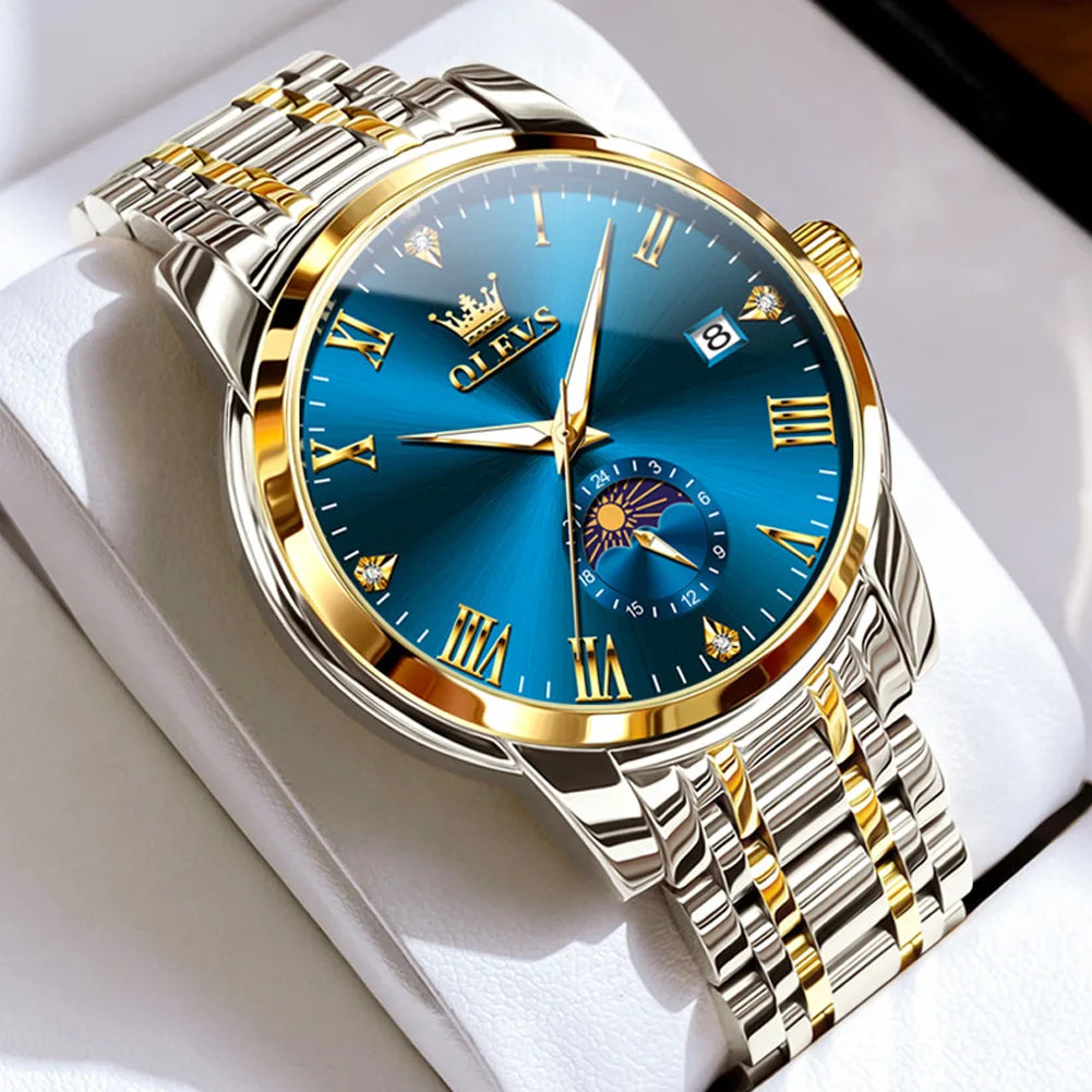 OLEVS Top Brand Men's Watches Fashion Original Quartz Watch for Man Waterproof Stainless Steel Luminous Wristwatch Moon Phase