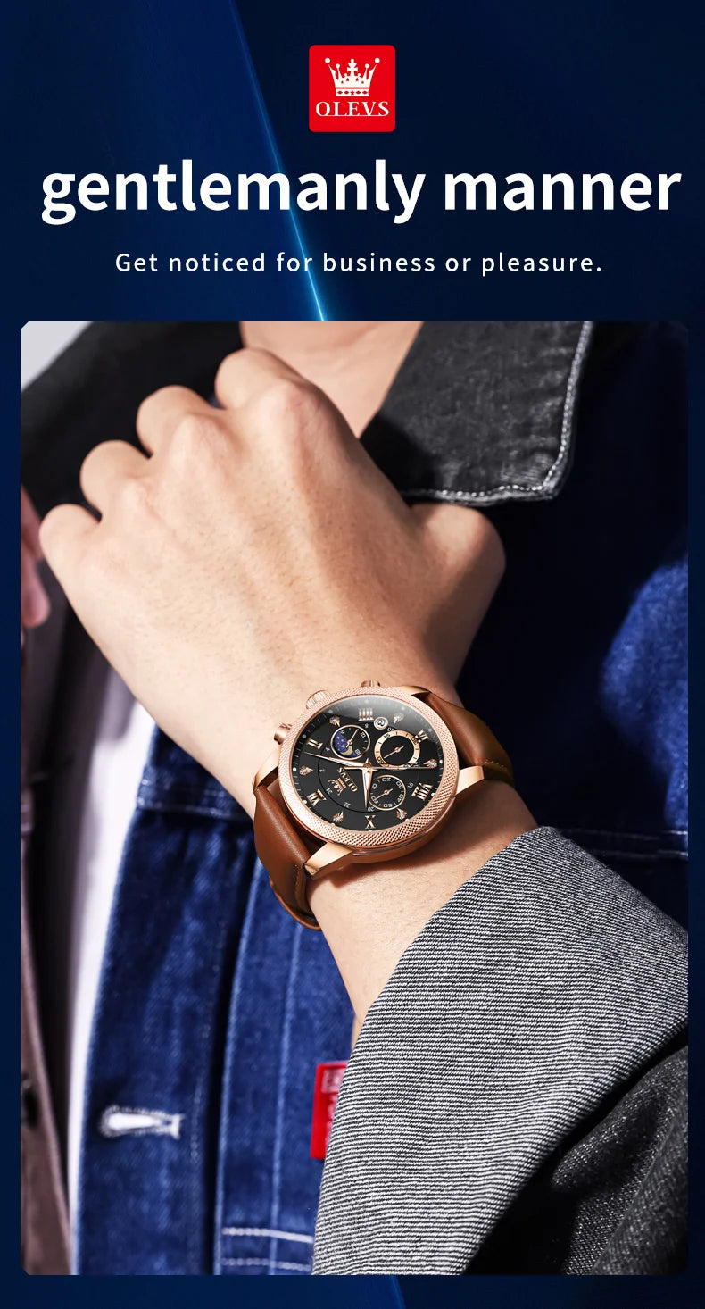 OLEVS 3660 Men's Watch - Moon Phase, Chronograph, Leather Strap, Waterproof, Anti-Magnetic