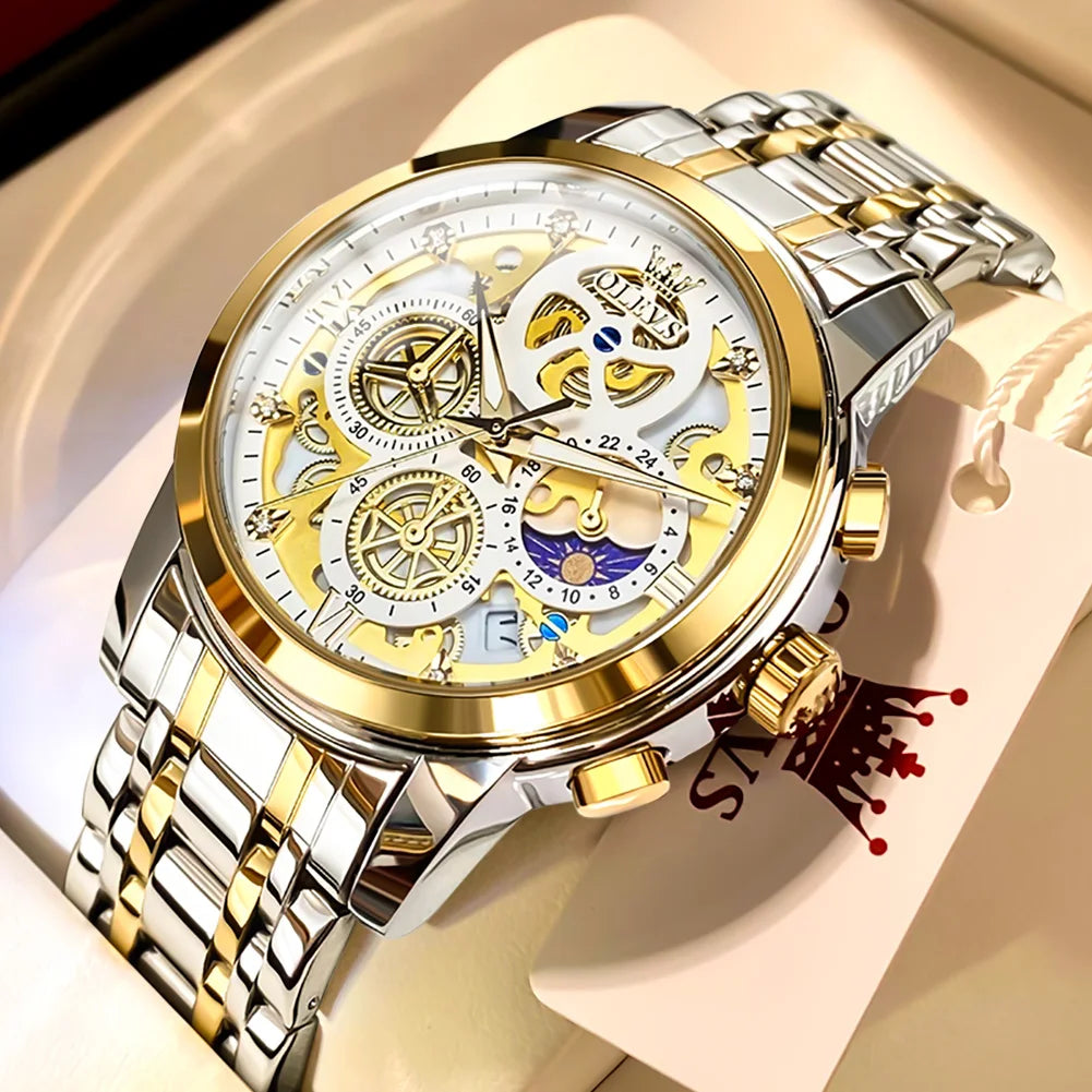 OLEVS 9947 Men's Watch - Luxury, Waterproof, Gold Skeleton, 24 Hour Day Night, Quartz