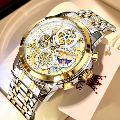 OLEVS 9947 Men's Watch - Luxury, Waterproof, Gold Skeleton, 24 Hour Day Night, Quartz