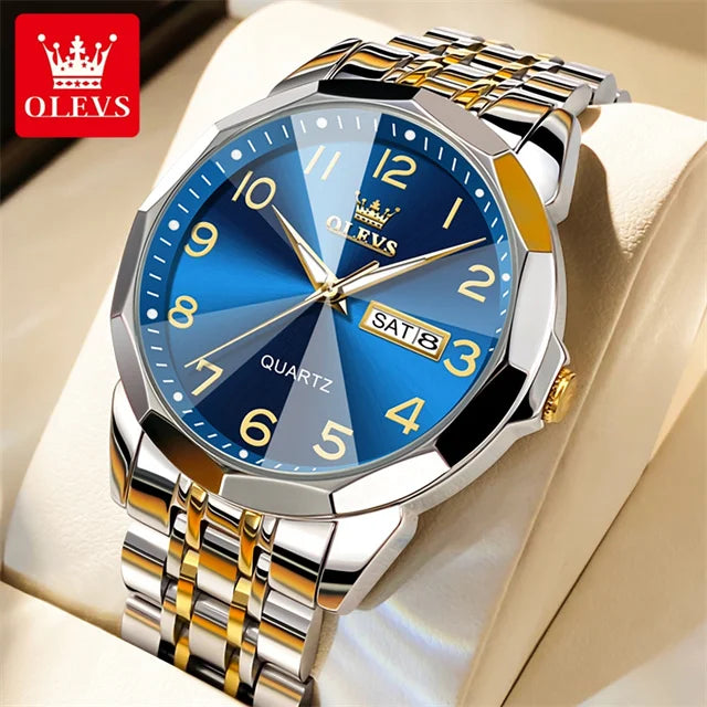 OLEVS 9970 Couple Watch - Luxury, Stainless Steel, Waterproof, Calendar, Digital Dial, Rhombus Mirror