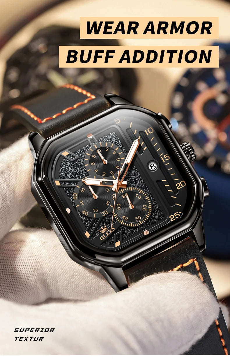 OLEVS 9950 Men's Watch - Square Sport, Waterproof, Leather Strap, Stopwatch, Backlight