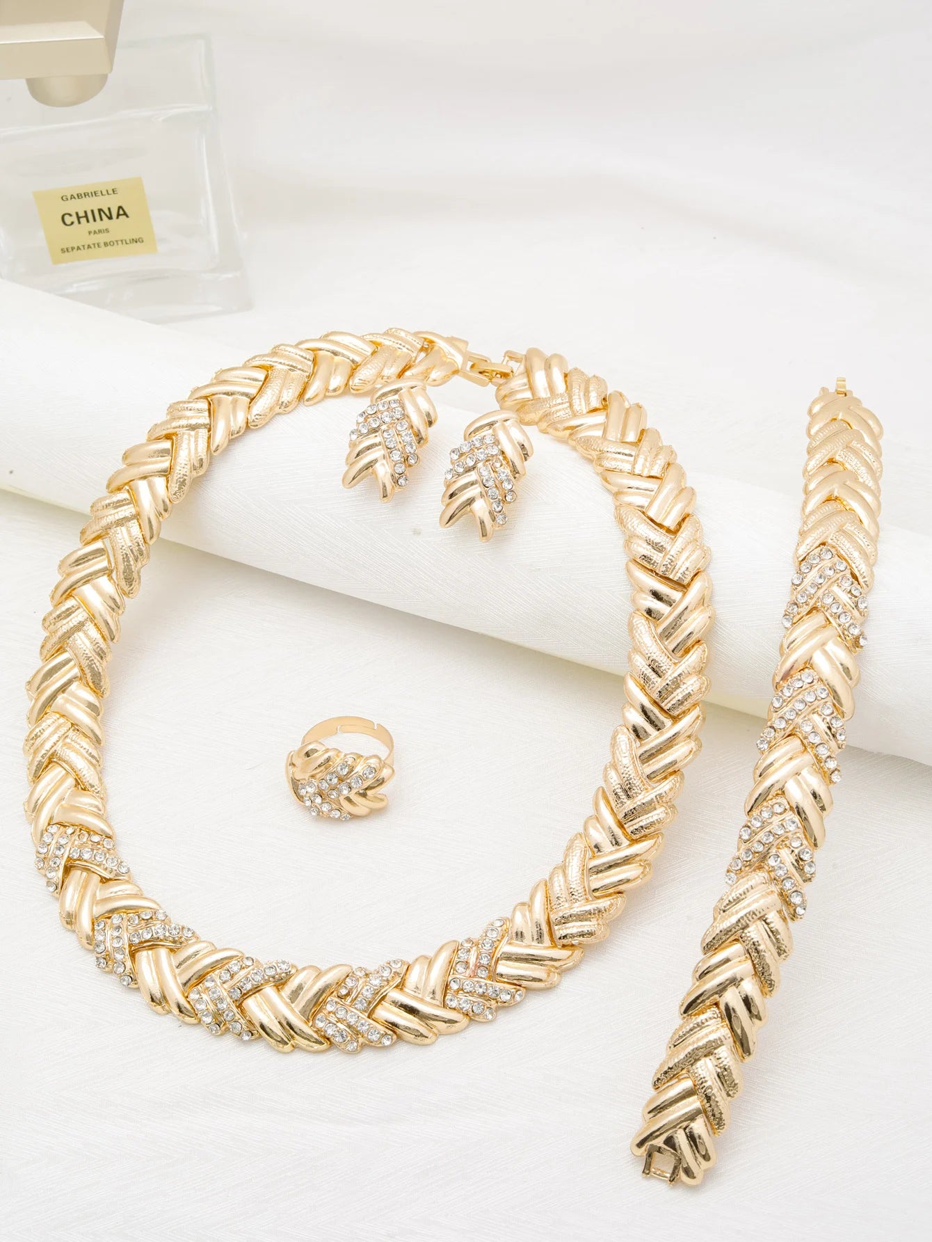 Bridal Jewelry Set - 18K Gold Plated Necklace, Earrings, Bracelet & Ring