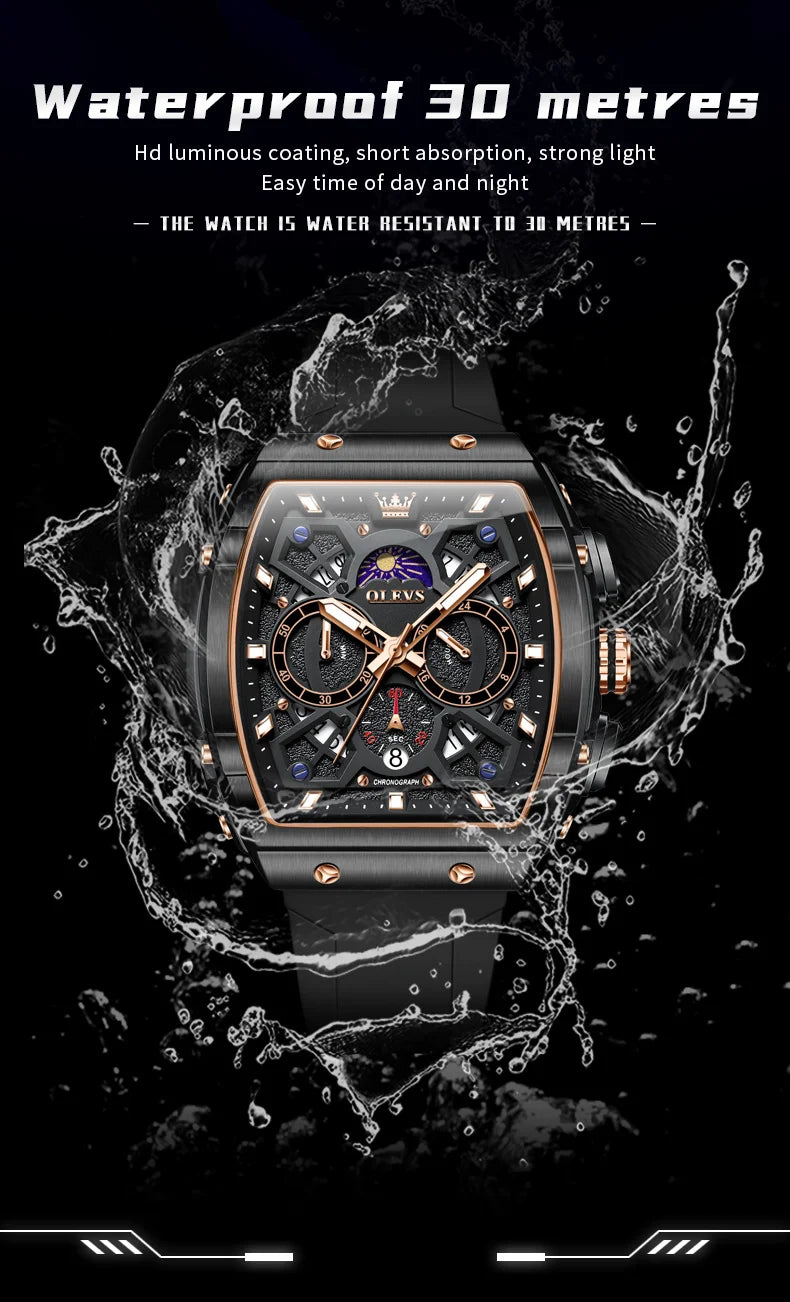 OLEVS 2492 Men's Watch - Tonneau Hollow Out, Moon Phase, Waterproof, Luminous, Silicone