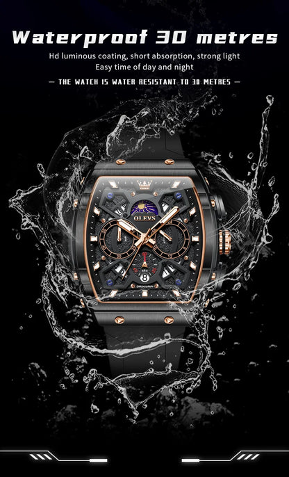 OLEVS 2492 Men's Watch - Tonneau Hollow Out, Moon Phase, Waterproof, Luminous, Silicone