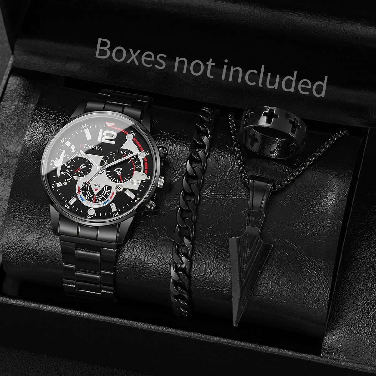 yolako 4pcs Men's Quartz Watch, Bracelet, Necklace & Ring Set - Alloy, Arabic Numeral, 40mm