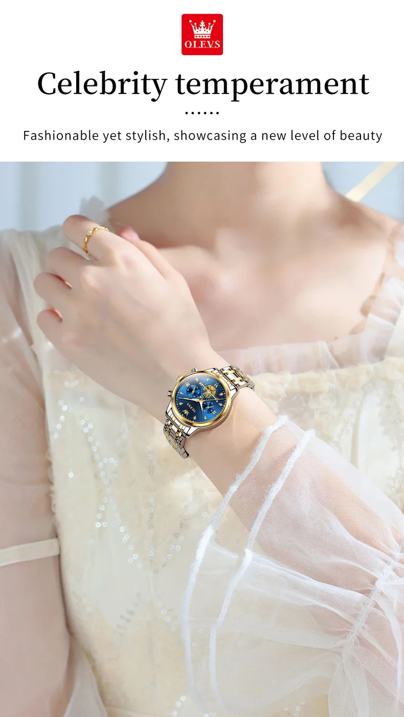 OLEVS 2859+2897 Couple Watch - Stainless Steel, Waterproof, Chronograph, Moon Phase, Flywheel