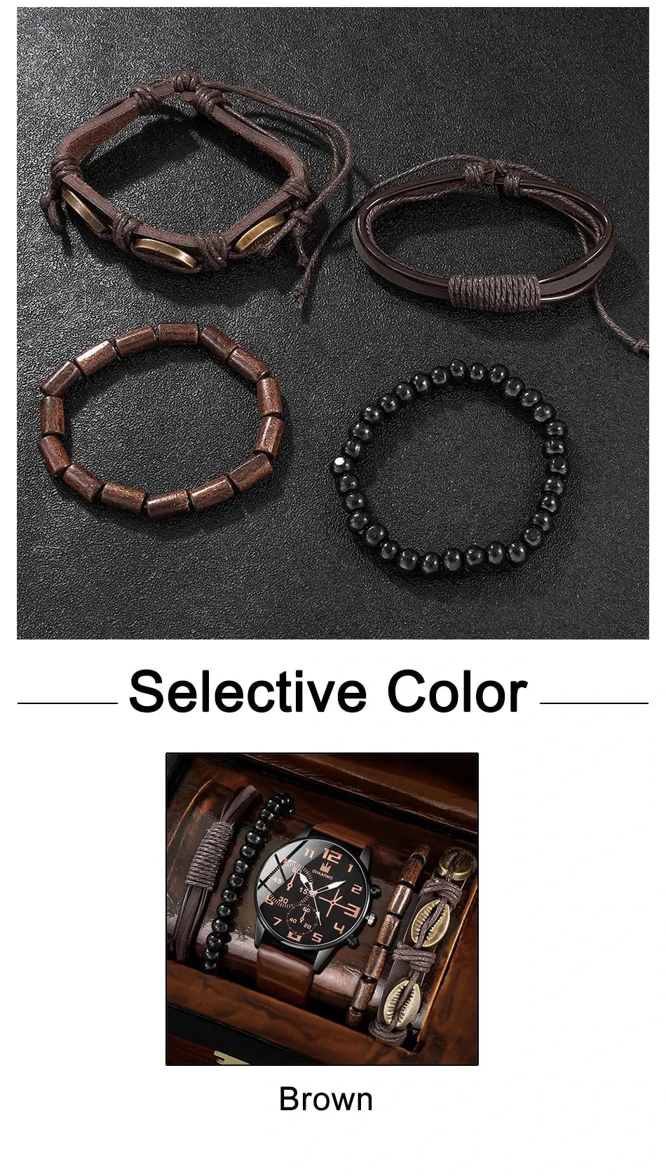 Men's 5pcs Retro Big Dial Quartz Watch & Bracelet Set - Leather Band, Arabic Numeral, 41mm