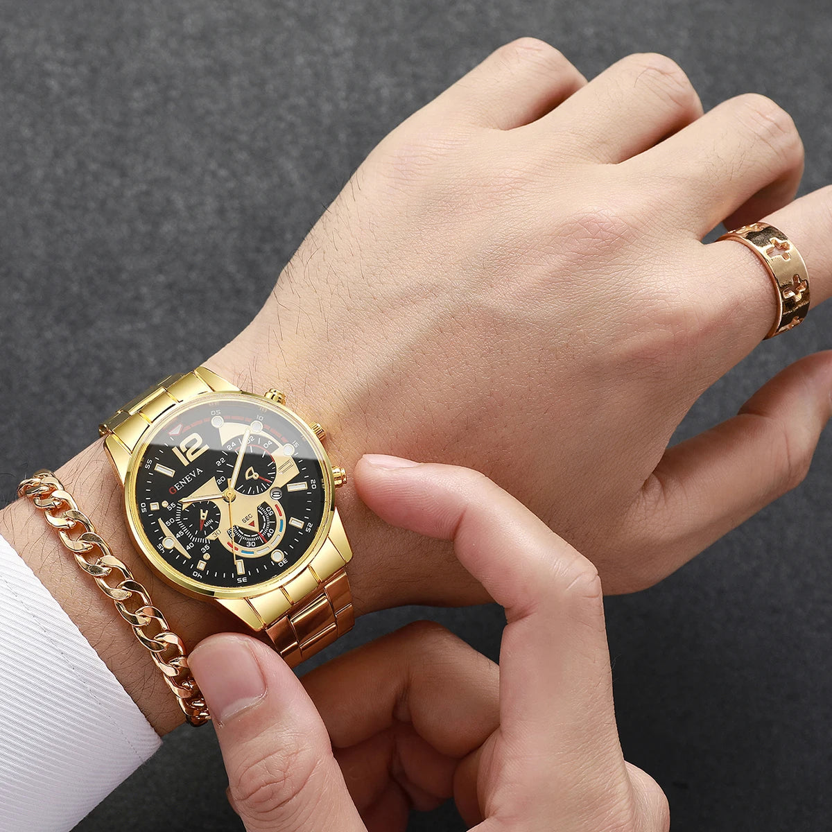 yolako 4pcs Men's Quartz Watch, Bracelet, Necklace & Ring Set - Alloy, Arabic Numeral, 40mm