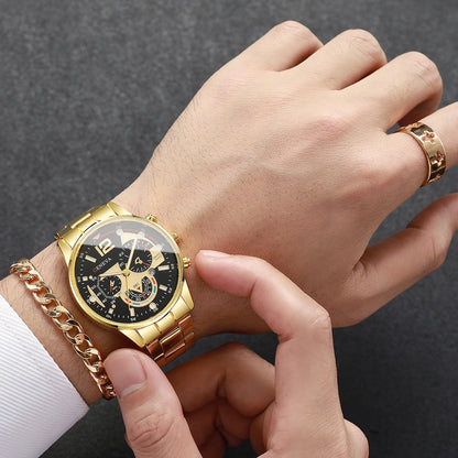yolako 4pcs Men's Quartz Watch, Bracelet, Necklace & Ring Set - Alloy, Arabic Numeral, 40mm