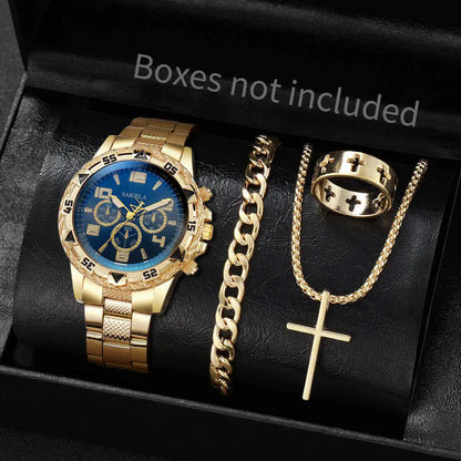yolako 4pcs Men's Quartz Watch Jewelry Set - Watch, Bracelet, Necklace & Ring, 45mm, No Box
