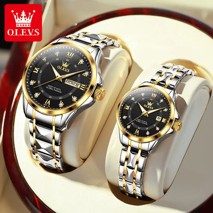 OLEVS 2906 Couple Watch - Roman Scale, Diamond Dial, Rhombus Strap, Waterproof