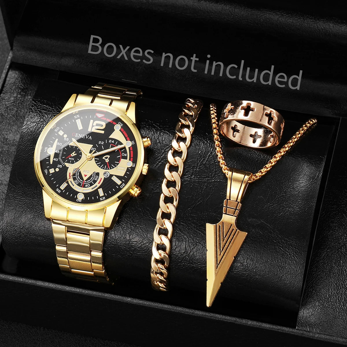 yolako 4pcs Men's Quartz Watch, Bracelet, Necklace & Ring Set - Alloy, Arabic Numeral, 40mm