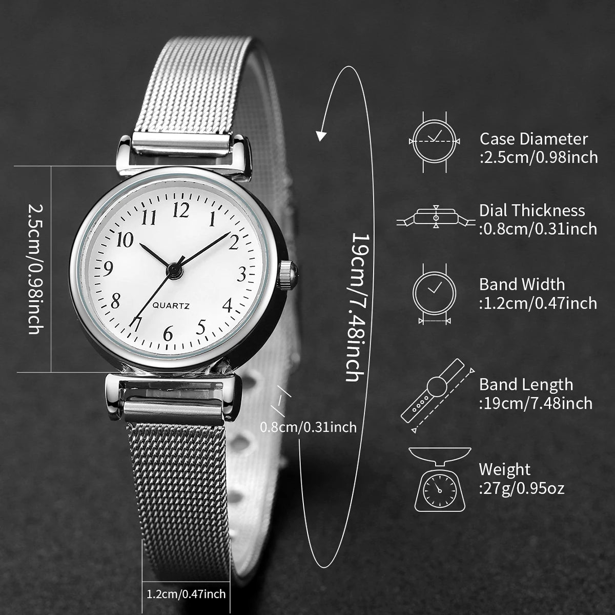 Women's 2pcs Quartz Watch & Opening Cuff Bracelet Set - Steel Mesh Band, Arabic Numeral, 25mm