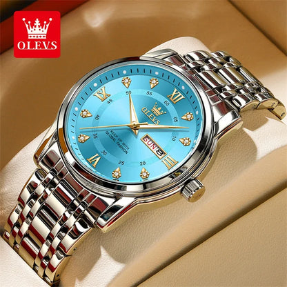 OLEVS 5513 Couple Watch - Stainless Steel, Waterproof, Luxury Gold Diamond, Lover's Pair