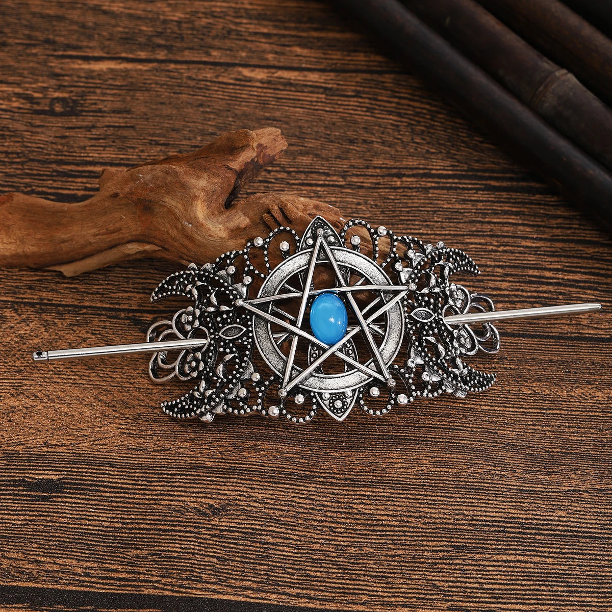 Star & Heart Gemstone Hairpin – Viking Style, Metal Alloy, Blue/Pink/White