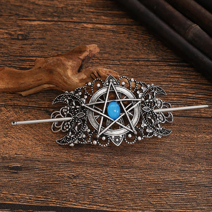 Star & Heart Gemstone Hairpin – Viking Style, Metal Alloy, Blue/Pink/White