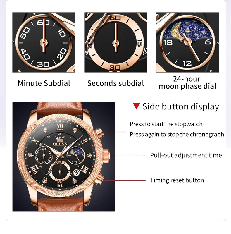 OLEVS 3660 Men's Watch - Moon Phase, Chronograph, Leather Strap, Waterproof, Anti-Magnetic