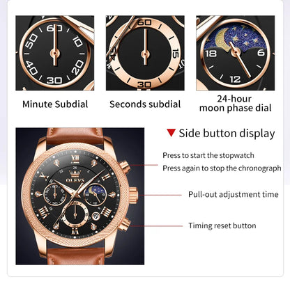 OLEVS 3660 Men's Watch - Moon Phase, Chronograph, Leather Strap, Waterproof, Anti-Magnetic