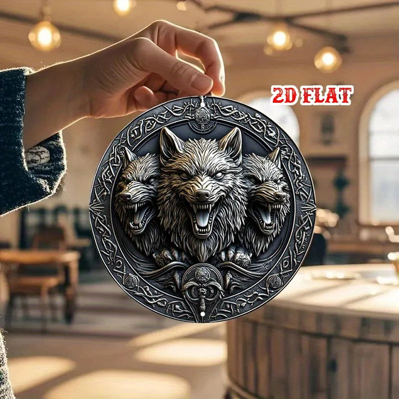 Wolf Faces Aluminum Sign - 20cm Round Celtic Knotwork Metal Wall Art