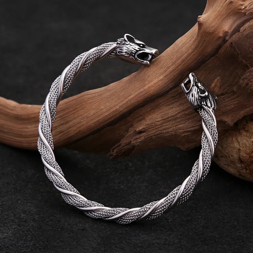 Viking Wolf Head Bracelet - Stainless Steel Open Cuff for Men