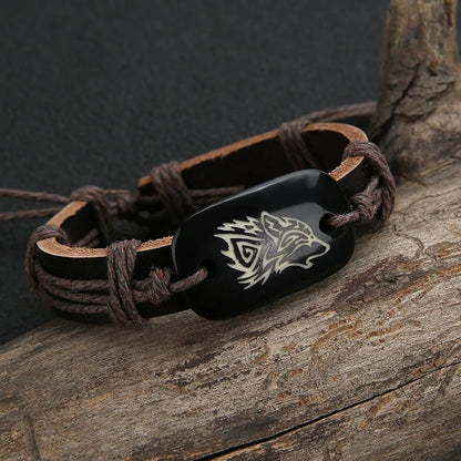 Wolf Pendant Leather Bracelet - Adjustable Tribal Wristband for Men