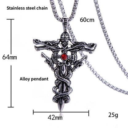 Vintage Flame Cross Pendant Necklace - 60cm Gothic Chain