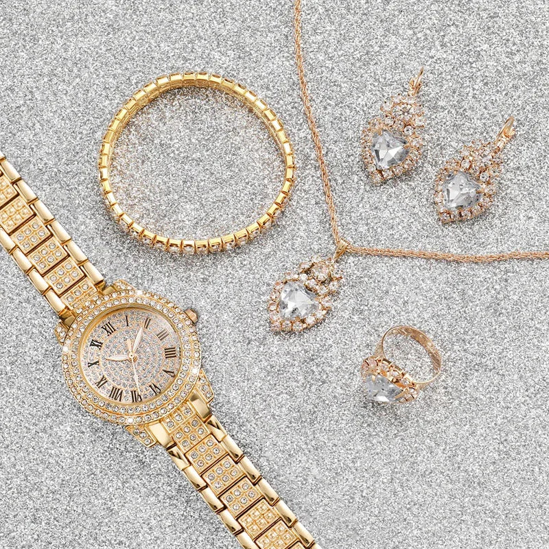 RUNERR Women's 6pcs Full Diamond Quartz Watch & Jewelry Set - Gold Steel Band, Roman Numeral, 30mm