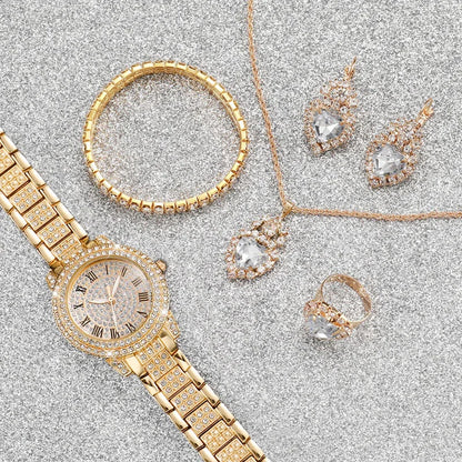 RUNERR Women's 6pcs Full Diamond Quartz Watch & Jewelry Set - Gold Steel Band, Roman Numeral, 30mm