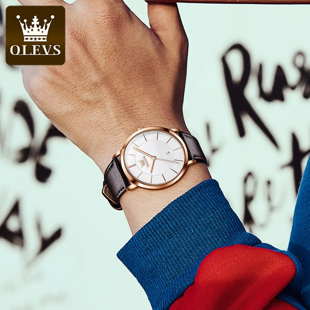OLEVS 5869 Men's Watch - Ultra Thin 6.5mm, Minimalist, Leather Strap, Waterproof, Auto Date