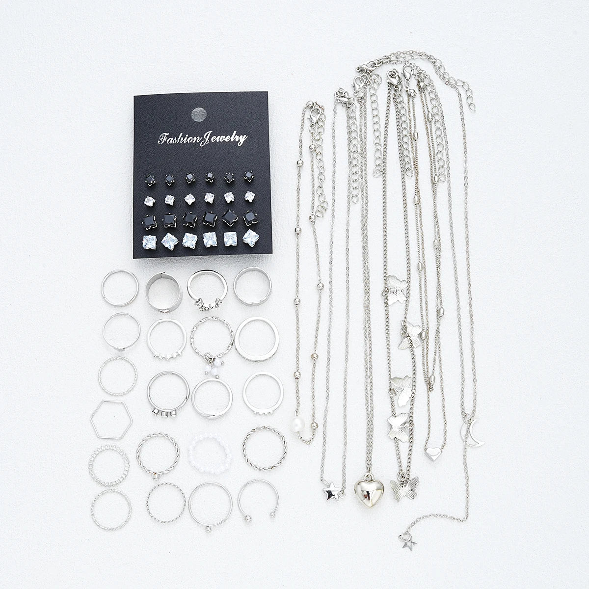 51-Piece Silver Jewelry Set - Butterfly & Heart Design