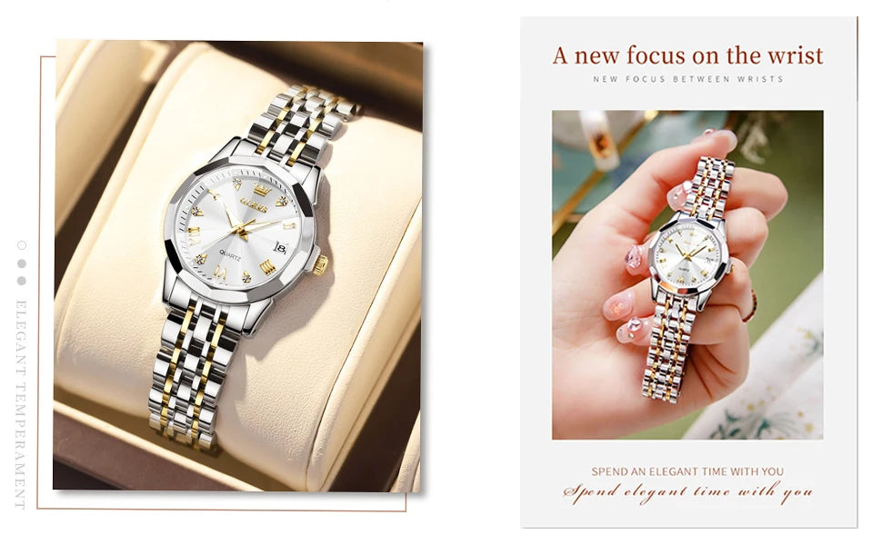 OLEVS 9931 Women's Watch - Stainless Steel, Dual Calendar, Luxury, Waterproof, Jewelry Set