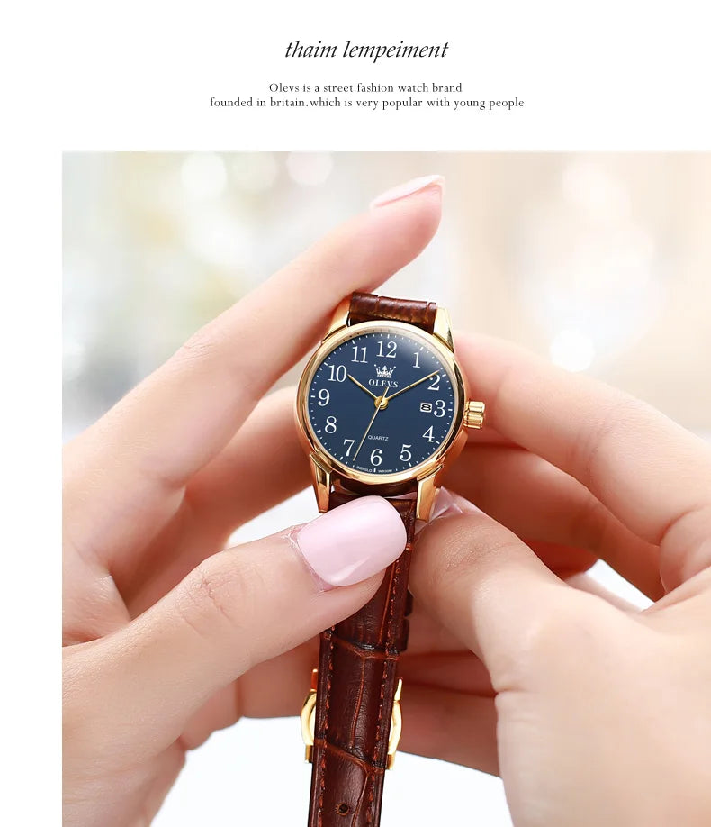 OLEVS 5566 Watch - Fashion Quartz, Leather Strap, Waterproof, Arabic Numeral, Men & Women