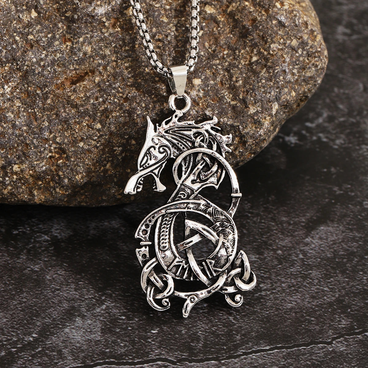 Viking Celtic Knot Dragon Pendant Necklace – Punk Style, Zinc Alloy & Stainless Steel