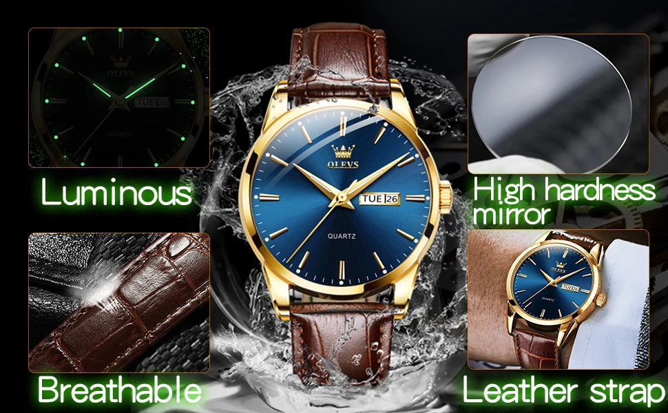 OLEVS 6898 Men's Watch - Simple Blue Face, Waterproof, Leather Strap, Business Casual, Automatic