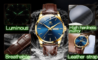 OLEVS 6898 Men's Watch - Simple Blue Face, Waterproof, Leather Strap, Business Casual, Automatic