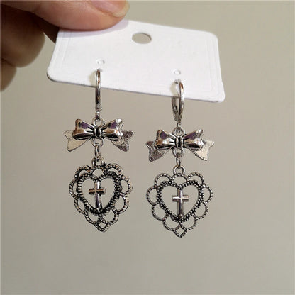Gothic Heart Cross Bow Earrings