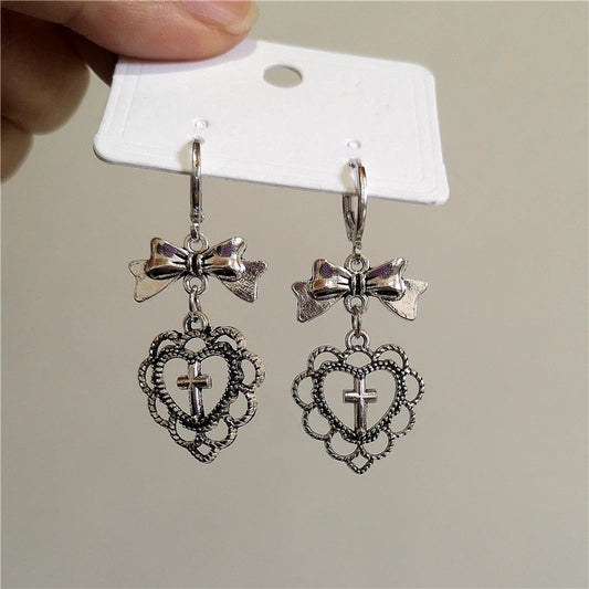 Gothic Heart Cross Bow Earrings