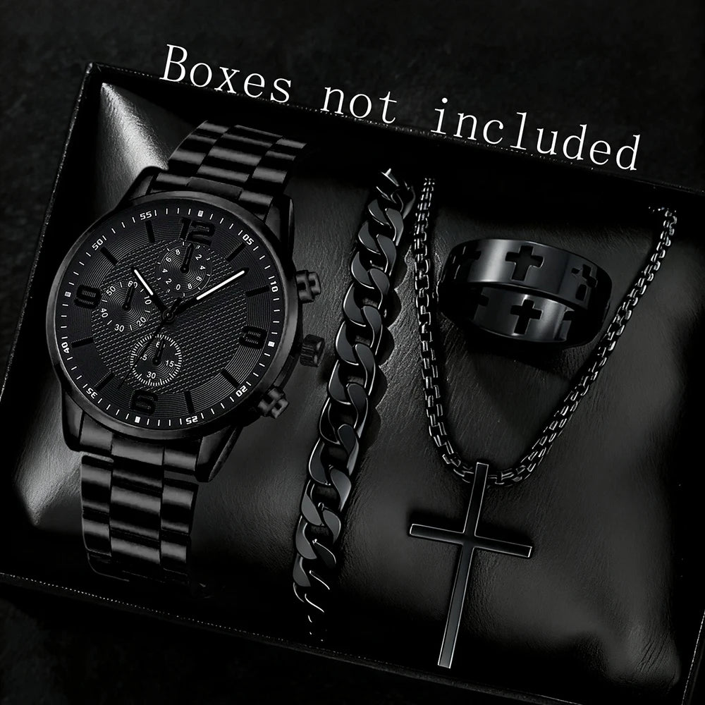 Black Men's Watch Set - Quartz Watch & Jewelry Gift Set