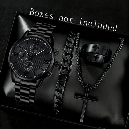 Black Men's Watch Set - Quartz Watch & Jewelry Gift Set